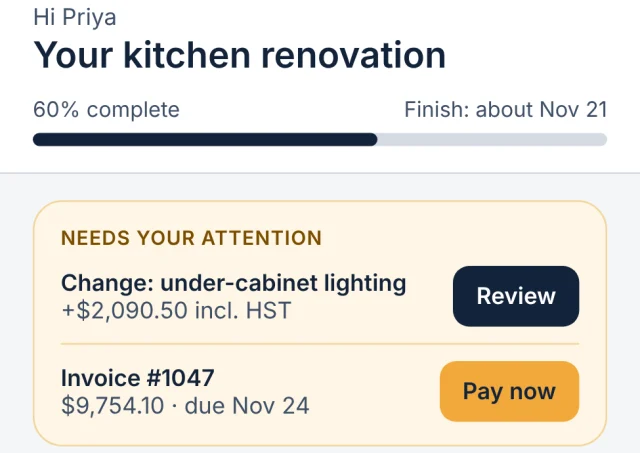 The client portal: 60% complete, a change to review and an invoice with a Pay now button