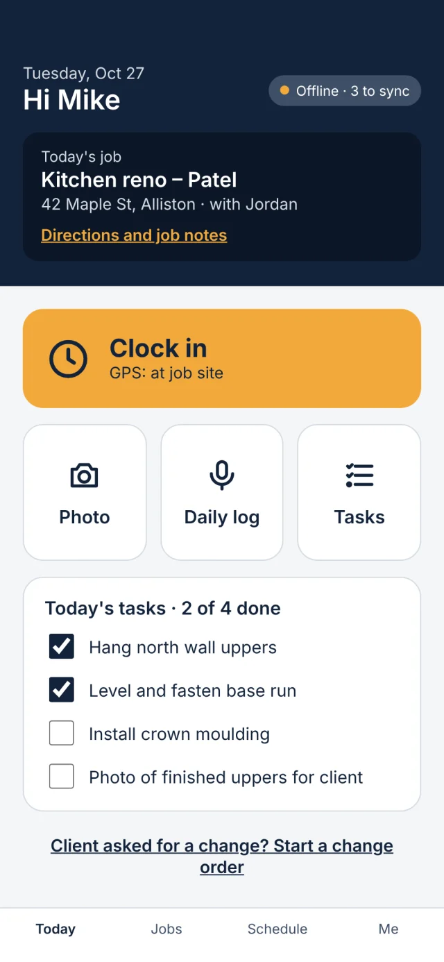 The shimly field app: Clock in, Photo, Daily log, Tasks, and an Offline pill